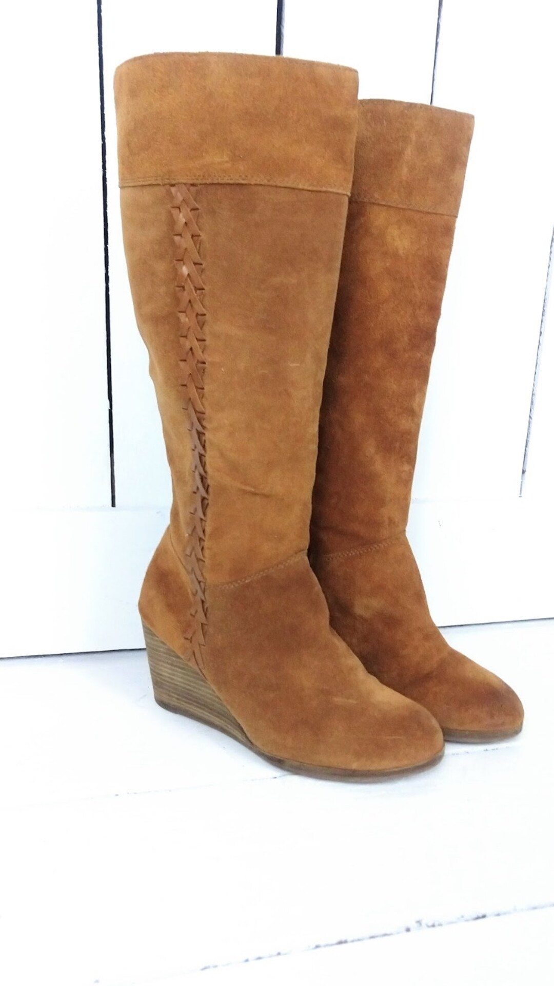 90s Brown Suede Leather Braided Tall Wedge Boots/wedge Knee High Boots ...