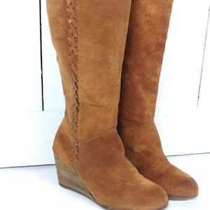 90s brown suede leather braided tall wedge boots/wedge knee high boots/boho festival boots/10