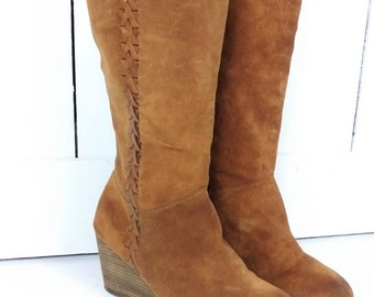 90s brown suede leather braided tall wedge boots/wedge knee high boots/boho festival boots/10