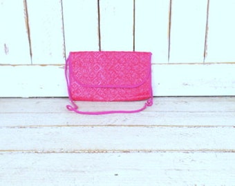 Vintage pink straw envelope shoulder purse/woven rattan shoulder bag/woven raffia handbag