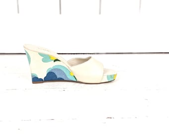 Psychedelic op art floral canvas and leather open toe platform wedge mule sandals