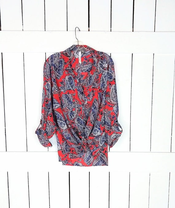 Sheer red blue paisley floral long sleeve button … - image 2