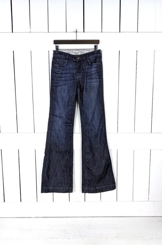 90s Vintage Tag Dark Blue Wash Wide Bell Bottom Denim Flared Jeans