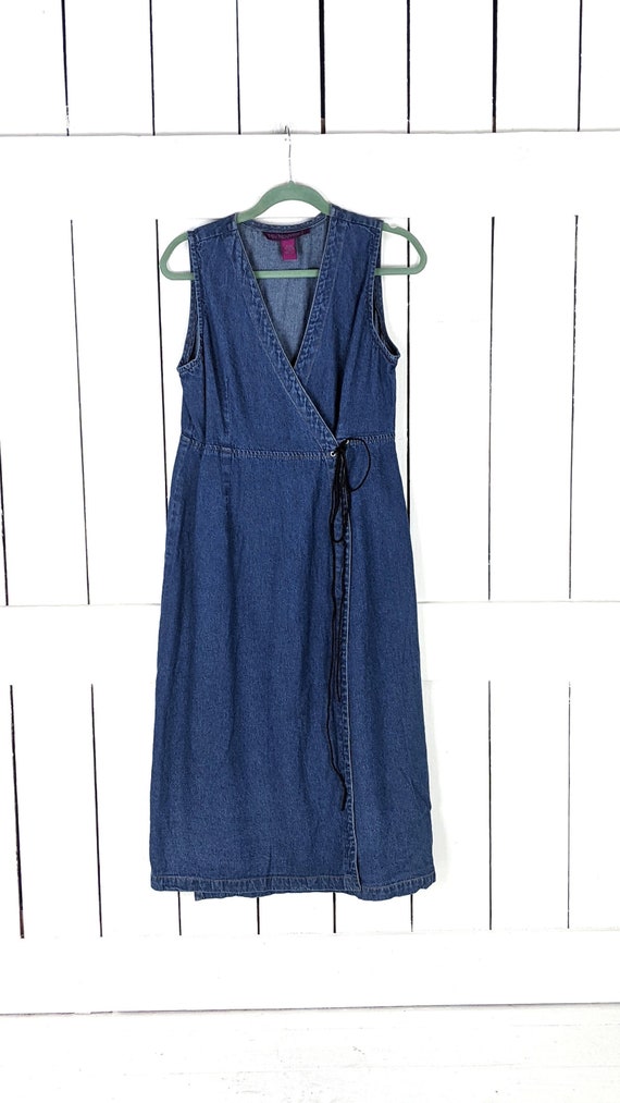 90s vintage blue cotton jean denim sleeveless long maxi wrap dress