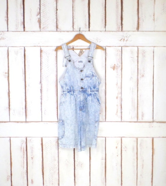 Vintage acid wash blue jean denim bib overall shor