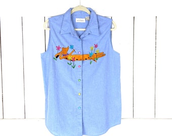 Blue cotton denim sleeveless embroidered dog floral collared shirt