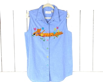 Blue cotton denim sleeveless embroidered dog floral collared shirt
