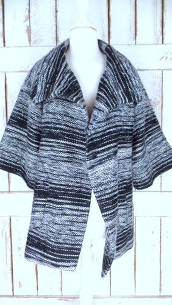 Black/grey/white woven striped trapeze coat/blanke