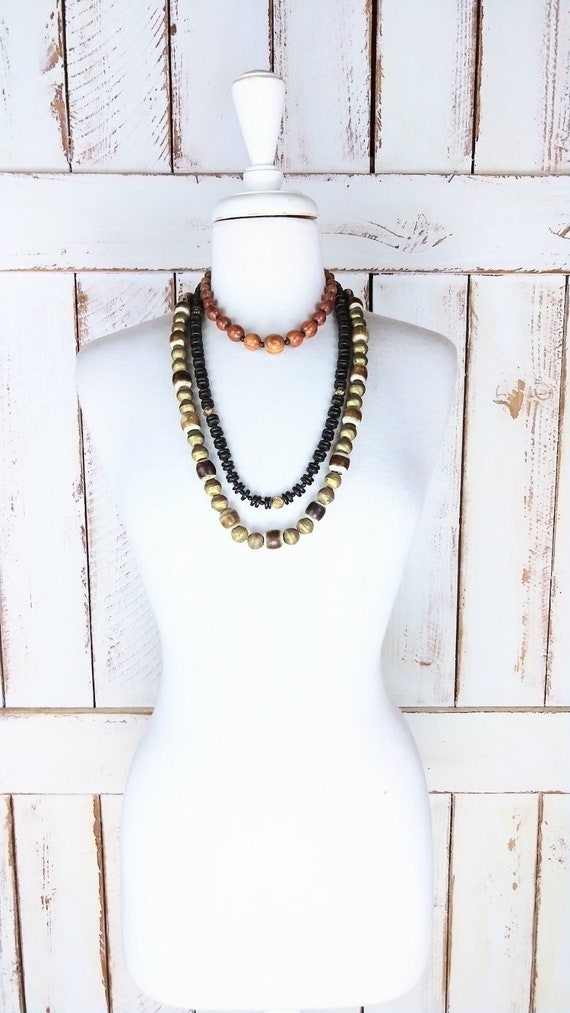 Chunky layered wood bead necklace set/vintage mult