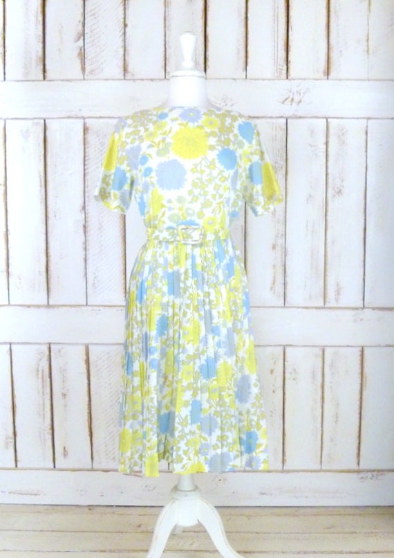 50s vintage yellow/blue floral pleated day dress/… - image 1