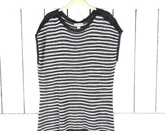 Black grey white striped slouchy cap sleeve pullover knit sweater top