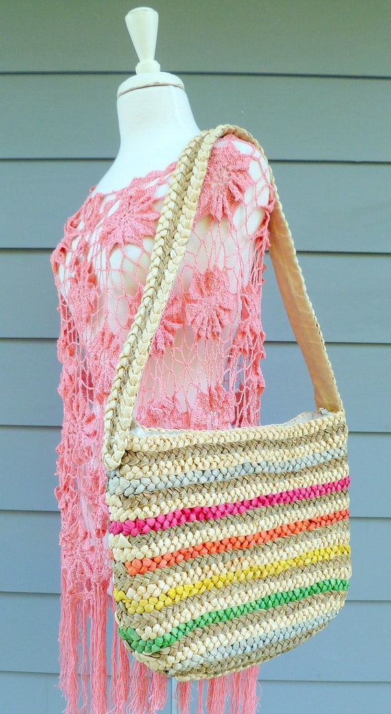 Colorful straw vintage market bag purse - image 2