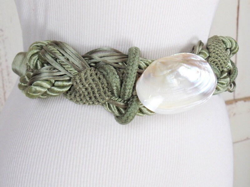 70s Vintage Green Braided Abalone Shell Rope Belt/woven  display picture 2