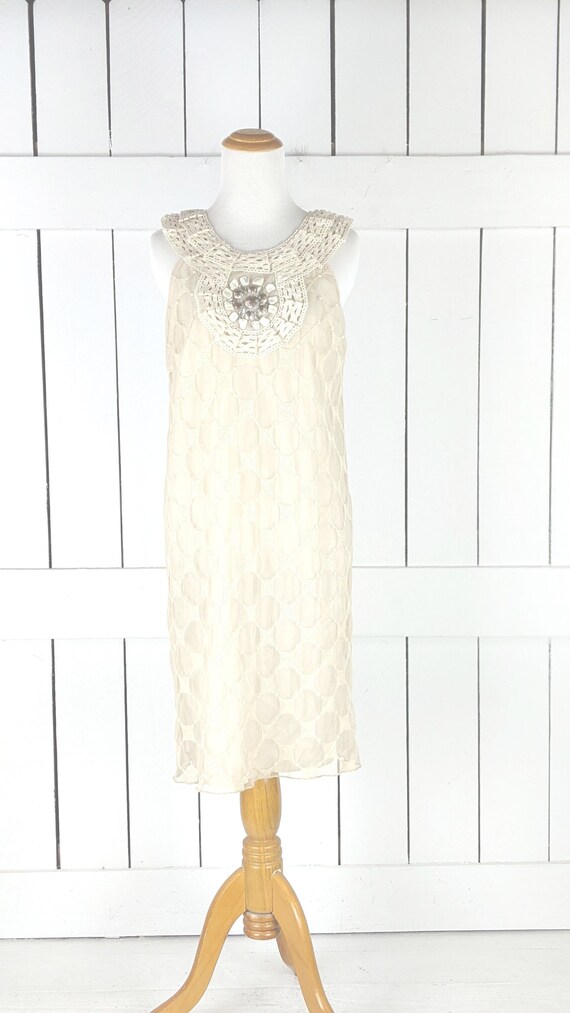 Ivory cream beaded crochet lace sheer net overlay sleeveless tunic dress