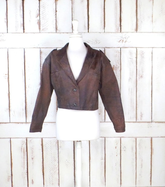 80s vintage brown cropped leather jacket/brown lea