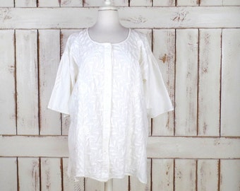 Vintage white floral embroidered boho blouse/white button down short sleeve shirt/swim suit beach cover up