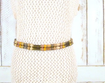 Vintage wooden/metal bead boho statement belt/brown beaded belt/tribal belt/small/29"-33"