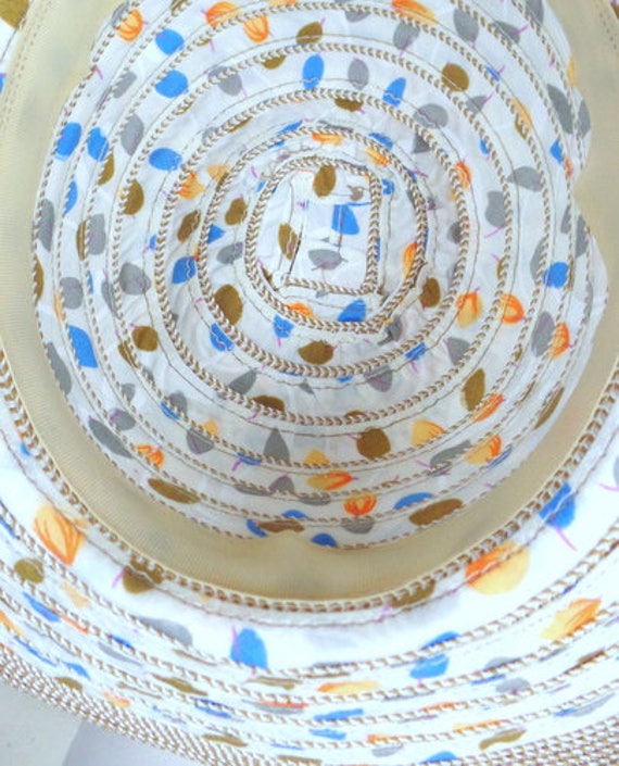 Vintage White Cotton/straw Woven Leaf Print Floppy Sun Hat 