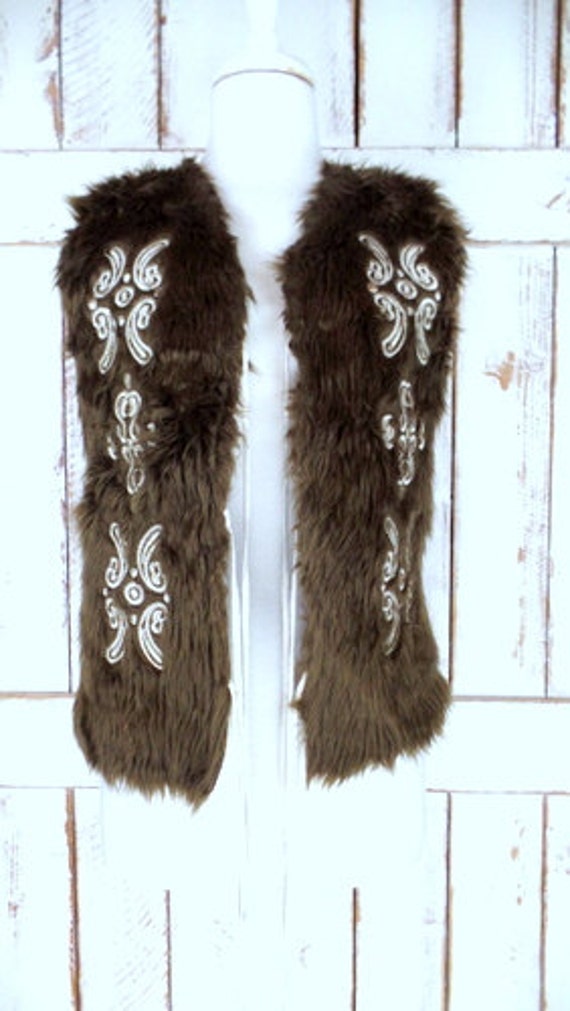 90s vintage brown faux fur embroidered knit boho/… - image 2