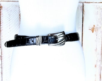 Vintage zwarte krokodil / reptiel reliëf octrooi lederen metalen riem / Steve Blinn Designs/30