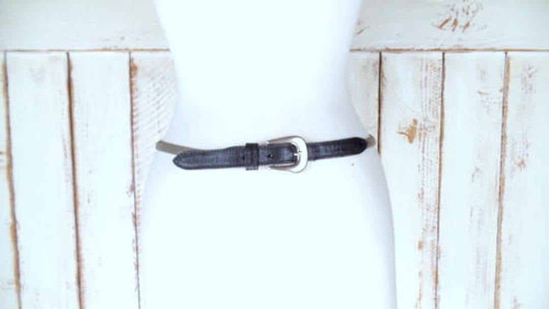 Vintage Silver Mesh Metal/black Leather Skinny Belt - Etsy display picture 2