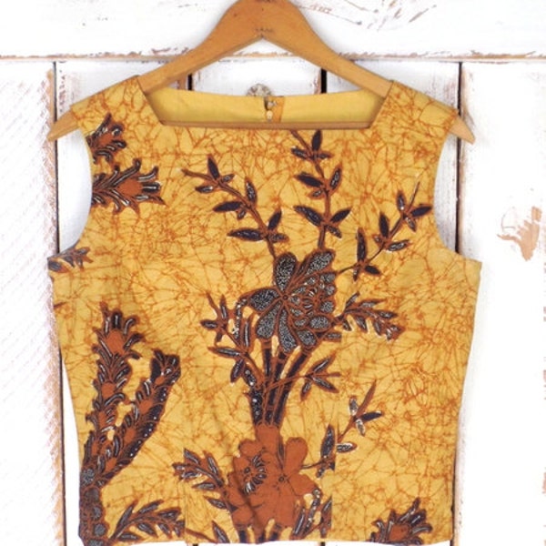 Vintage tribal batik cotton sleeveless crop top/brown tribal festival Indian blouse/short batik tank top