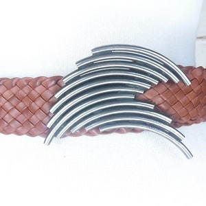 Woven brown braided faux leather silver metal buckle belt