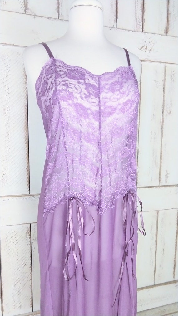 Vintage purple sheer stretch net lace teddy linge… - image 2