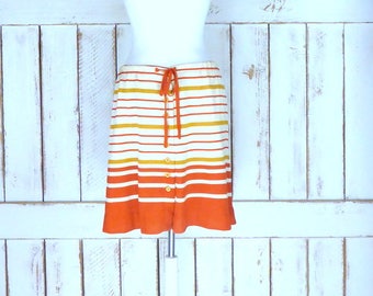 Bobbie Brooks orange/tan striped button down scooter skirt/vintage stretch knit mini skirt/short knee length button front skirt/medium/large