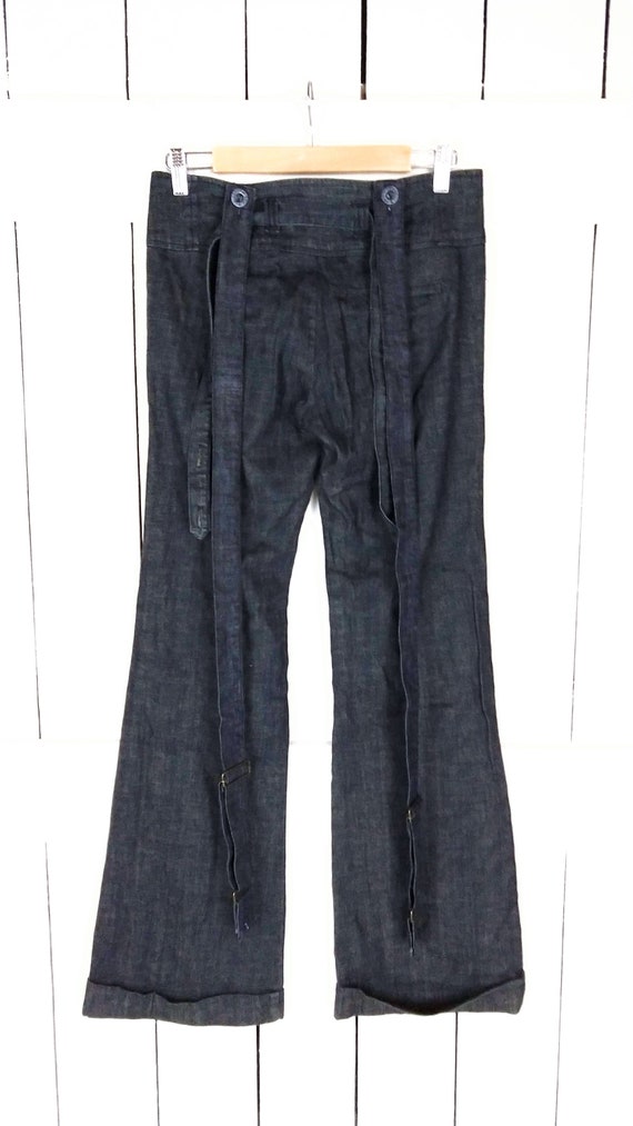 90s vintage dark blue cuffed flare/boot cut suspe… - image 4