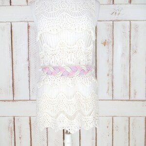 70s vintage white/pink/lavender braided pearl beaded rope belt/beaded woven chord statement belt image 5