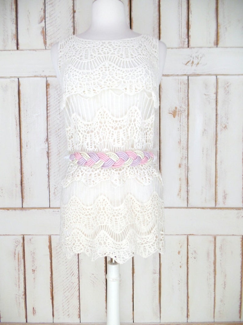 70s vintage white/pink/lavender braided pearl beaded rope belt/beaded woven chord statement belt image 5