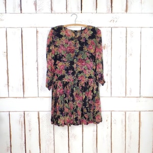 90s vintage sheer black/pink floral knee length dress/baby doll floral vintage dress/peasant dress/button down dress/small