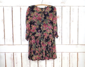 90s vintage sheer black/pink floral knee length dress/baby doll floral vintage dress/peasant dress/button down dress/small