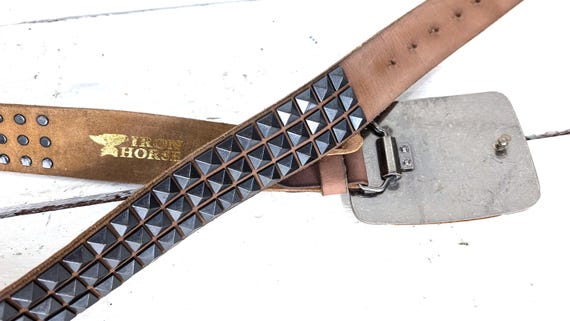Preloved Brown Studded Leather Belt w/stitching. Gunmetal color buckle to match. Handmade Studded Western Belt Dark Brown 02 Mens Custom Size  main image 4