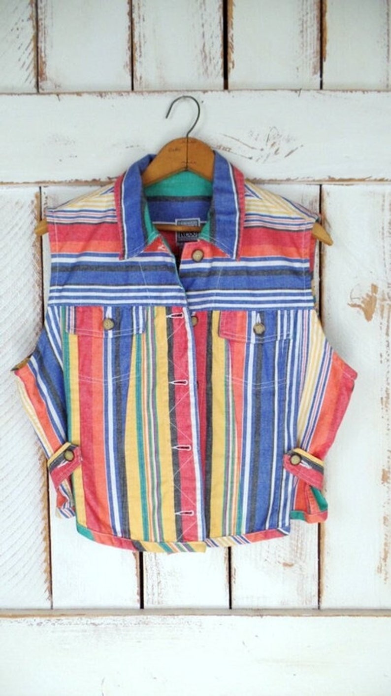 Vintage 90s striped cotton vest/colorful short fitted vest/red/blue/yellow button down vest image 1