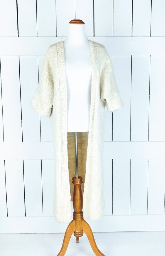Vintage ivory knit crochet sweater coat/long chunk