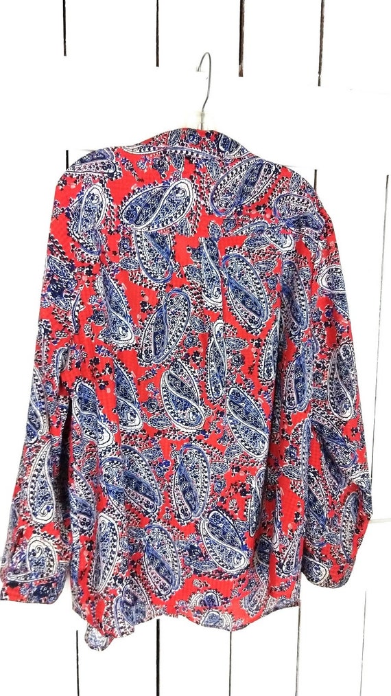 Sheer red blue paisley floral long sleeve button … - image 5