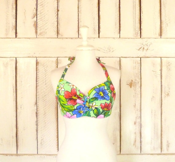 Tropical floral denim cotton vintage 80s halter to