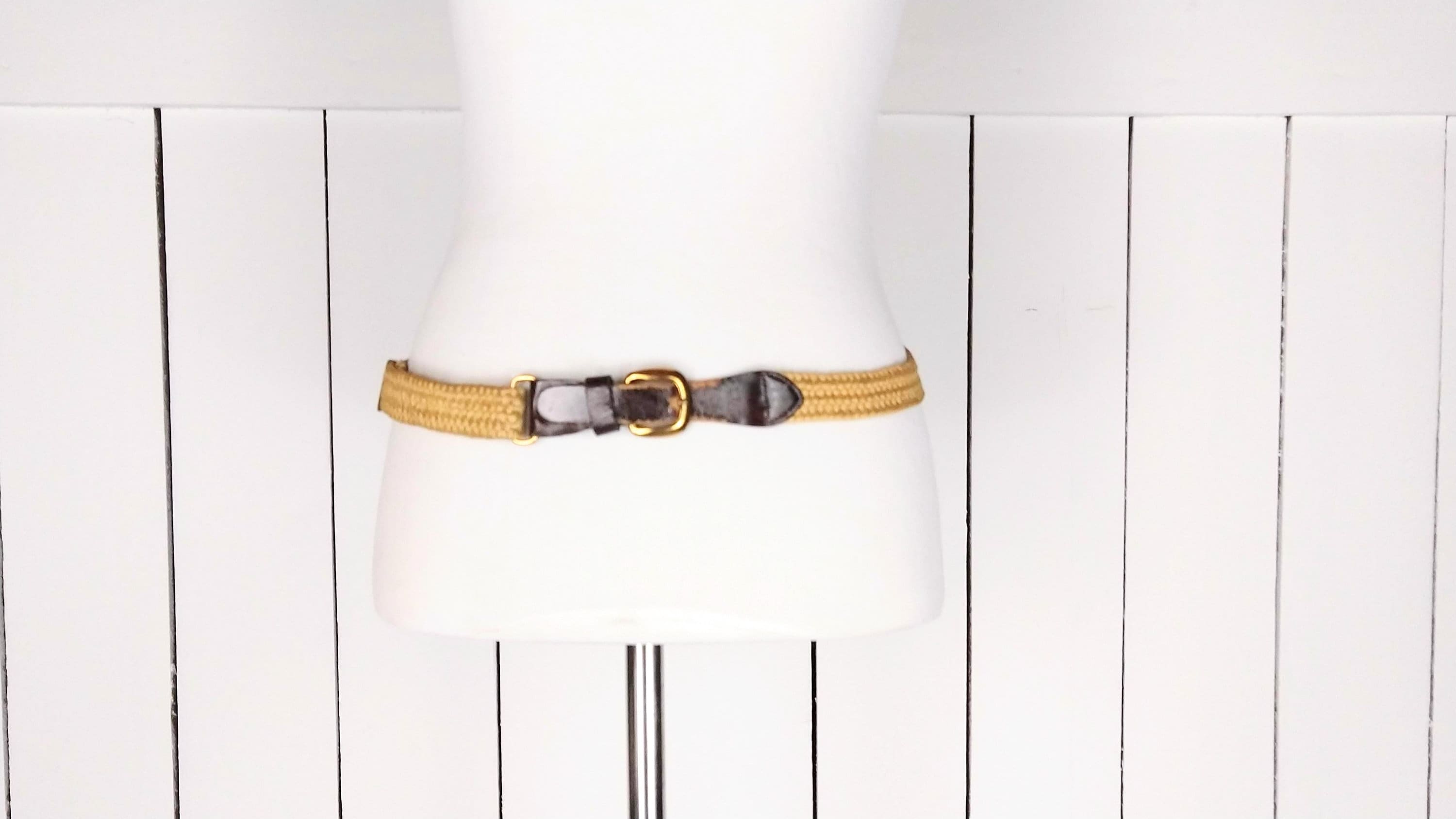 Vintage tan/light brown elastic stretch chord skinny belt/woven jute twine chord Vintage Tan/light Brown Elastic Stretch Jute Chord Metal  main image 2