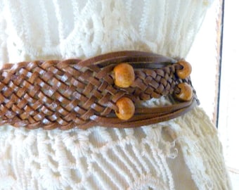 Vintage Woven Brown Leather Beaded Boho Belt - Etsy display picture 3