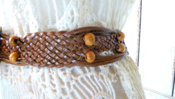 Vintage woven brown leather beaded boho belt - image 4