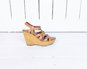 Sofft open toe strappy leather platform wedge espadrille rope sandals/8.5