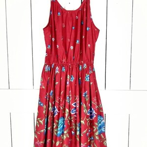 Vintage red floral sleeveless cotton midi summer dress/bow strap floral stretch waist dress image 4