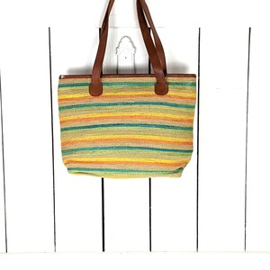 Striped straw vintage market bag leather strap purse tote bag image 2