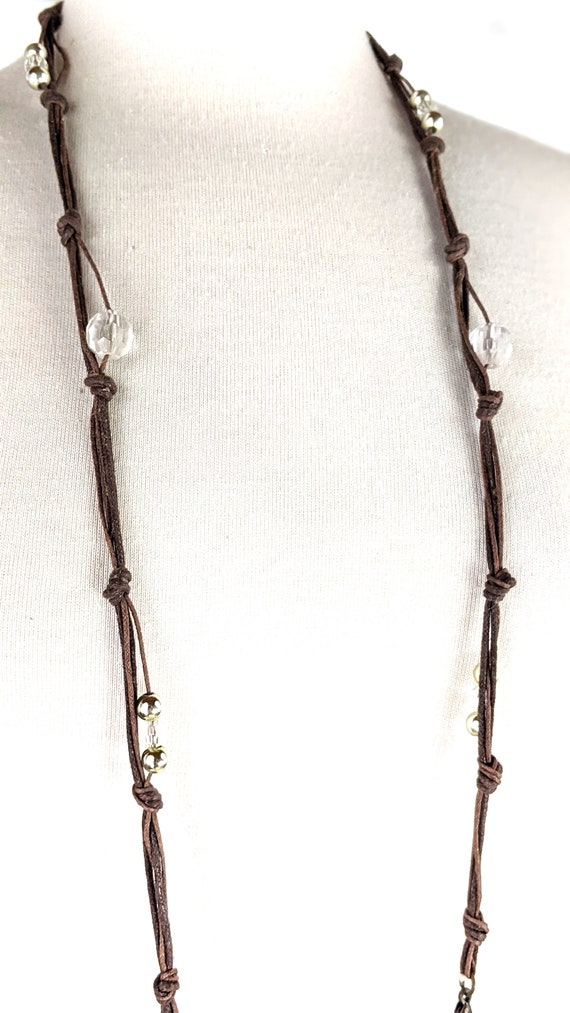 Brown knotted beaded chord long strand boho chain… - image 2