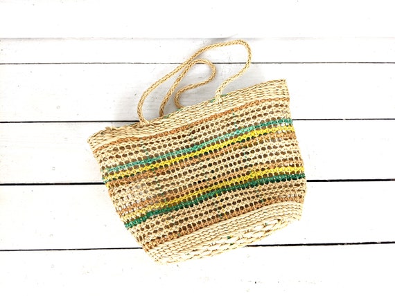 Striped woven straw rattan market bag straw shoul… - image 1