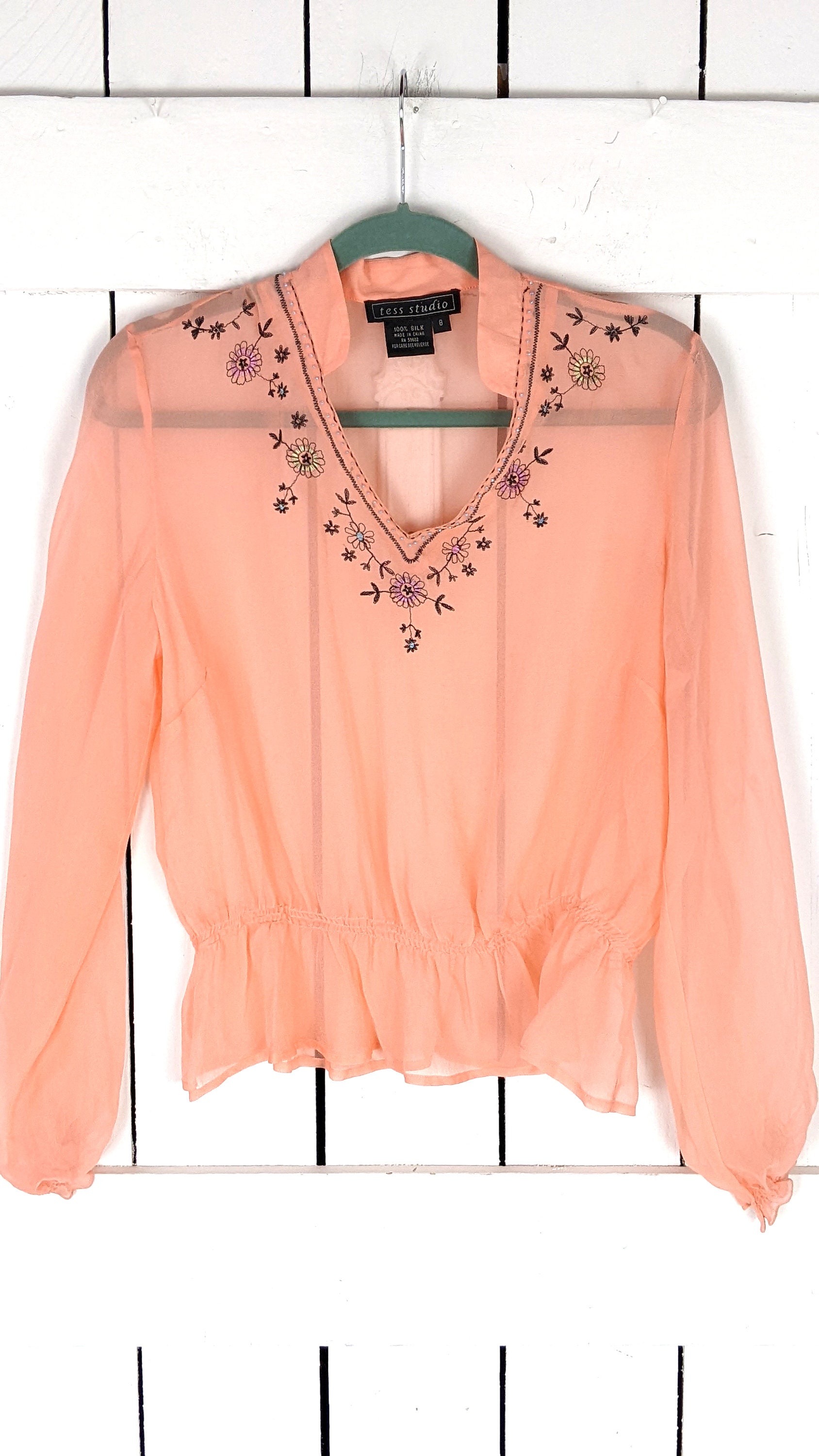 Tess Studio Sheer Lightweight Silk Embroidered Beaded Boho Tess Studio Sheer Lightweight Silk Embroidered Beaded Boho