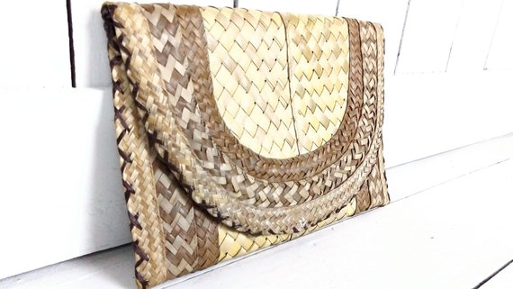 Vintage straw envelope shoulder purse clutch bag/… - image 4