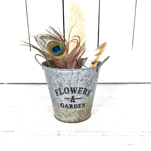 Small silver tin metal Flower and Garden rusty farmhouse pail bucket